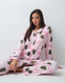 Loungeable Loungeable Christmas rever button up shirt and trouser pyjama set in pink stripe tree print