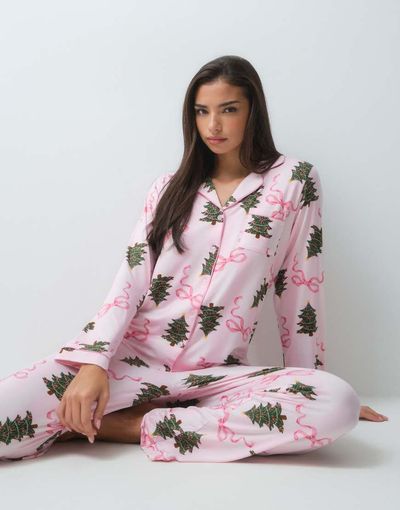 Loungeable Loungeable Christmas rever button up shirt and trouser pyjama set in pink stripe tree print