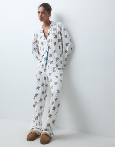 Loungeable Loungeable Christmas rever button up shirt and trouser pyjama set in santa teddy-WHITE