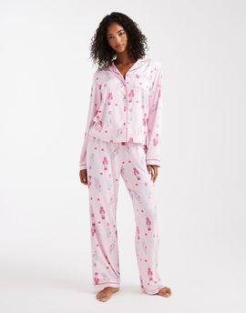 Loungeable Loungeable Christmas super soft jersey camp collar top and wide leg pants pajama set in pink nutcracker print