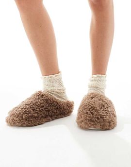 Loungeable Loungeable cozy borg mule slippers in mocha-Brown