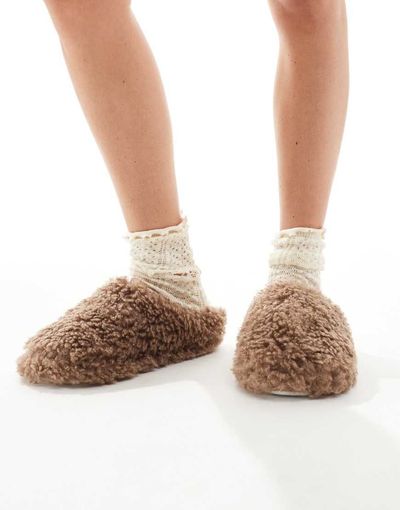 Loungeable Loungeable cozy borg mule slippers in mocha-Brown