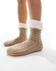 Loungeable Loungeable cozy cable knit slipper socks with teddy lining in heathered oat-Neutral - 1