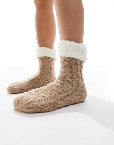 Loungeable Loungeable cozy cable knit slipper socks with teddy lining in heathered oat-Neutral