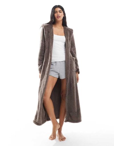 Loungeable Loungeable cozy teddy hooded maxi length robe in mocha-Brown