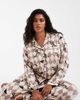 Loungeable Loungeable Curve camp collar button up shirt and pants pajama set in espresso martini bow print-Brown - 1