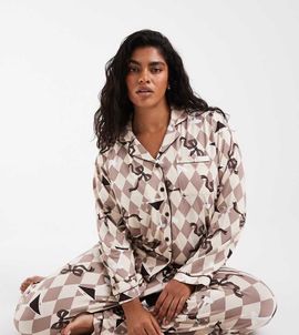 Loungeable Loungeable Curve camp collar button up shirt and pants pajama set in espresso martini bow print-Brown
