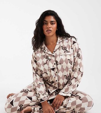 Loungeable Loungeable Curve camp collar button up shirt and pants pajama set in espresso martini bow print-Brown