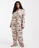 Loungeable Loungeable Curve camp collar button up shirt and pants pajama set in espresso martini bow print-Brown - 2