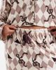 Loungeable Loungeable Curve camp collar button up shirt and pants pajama set in espresso martini bow print-Brown - 3