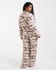 Loungeable Loungeable Curve camp collar button up shirt and pants pajama set in espresso martini bow print-Brown - 4