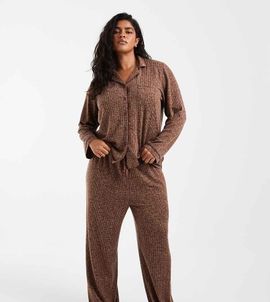Loungeable Loungeable Curve super soft brushed rib revere top and wide leg pyjama set with piping detail in brown