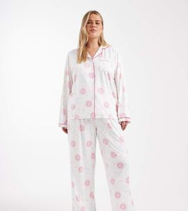 Loungeable Loungeable Curve super soft jersey camp collar top and wide leg pajama set in celestial multi