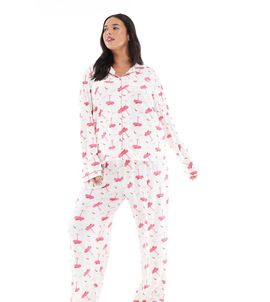 Loungeable Loungeable Curve super soft jersey camp collar top and wide leg pants pajama set with piping detail in spicy marg print-Multi