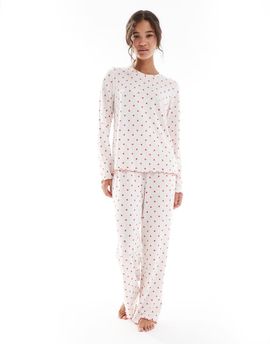 Loungeable Loungeable Heather brushed rib long sleeve top and pants set in cream heart print-White