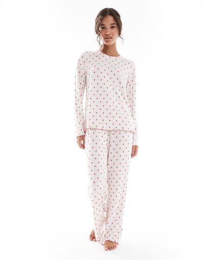 Loungeable Loungeable Heather brushed rib long sleeve top and pants set in cream heart print-White