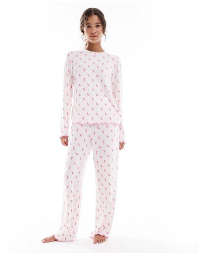 Loungeable Loungeable heather brushed rib long sleeve top and pants set in pink cowboy boot print