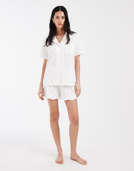 Loungeable Loungeable jersey broderie camp collar top and shorts pajama set in white