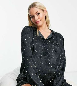 Loungeable Loungeable Maternity short button through pajama set in black and gold