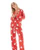 Loungeable Loungeable Petite Christmas super soft jersey camp collar top and wide leg pajama set in red santa print - 1