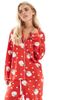 Loungeable Loungeable Petite Christmas super soft jersey camp collar top and wide leg pajama set in red santa print - 2