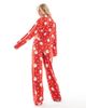 Loungeable Loungeable Petite Christmas super soft jersey camp collar top and wide leg pajama set in red santa print - 4