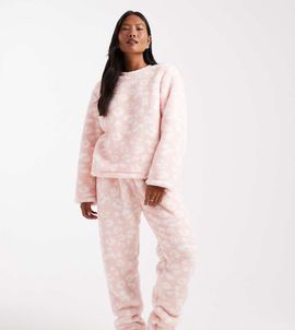 Loungeable Loungeable Petite cozy teddy two-piece sleepwear set in pink leopard