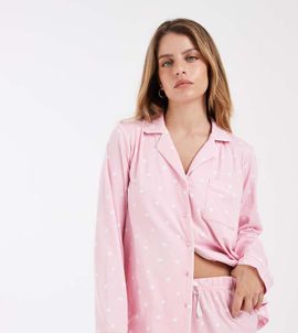 Loungeable Loungeable Petite super soft jersey revere top and trouser pyjama set in pink polka dot