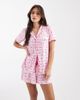 Loungeable Loungeable pink gingham supersoft jersey short sleeve shirt & shorts pajama set in bow print-Multi - 1