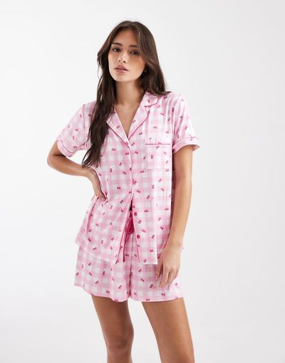 Loungeable Loungeable pink gingham supersoft jersey short sleeve shirt & shorts pajama set in bow print-Multi