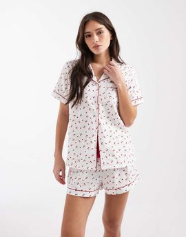 Loungeable Loungeable short sleeve textured shirt and shorts pajama set in cherry print-Multi