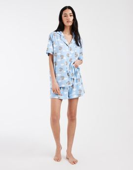 Loungeable Loungeable super soft jersey revere top and shorts set in howdy cat print-Multi