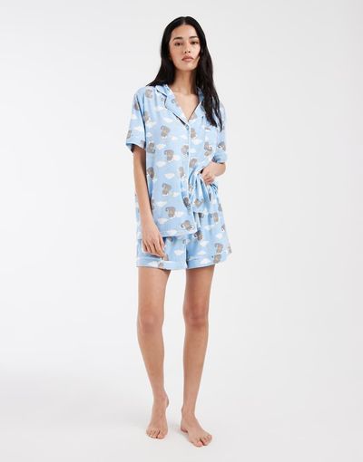 Loungeable Loungeable super soft jersey revere top and shorts set in howdy cat print-Multi