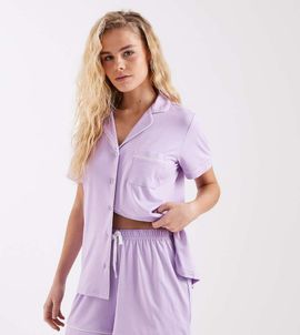 Loungeable Loungeable super soft jersey revere top and shorts set in lilac-Purple