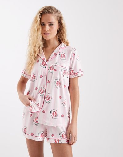 Loungeable Loungeable super soft jersey revere top and shorts set in pink stripe playing card print