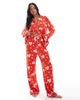 Loungeable Loungeable super soft jersey revere top and wide leg pajama set in red starry eyes print - 1