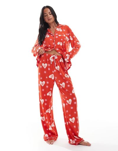 Loungeable Loungeable super soft jersey revere top and wide leg pajama set in red starry eyes print