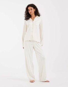 Loungeable Loungeable super soft jersey revere top and wide leg pyjama set with piping in marshmallow-WHITE
