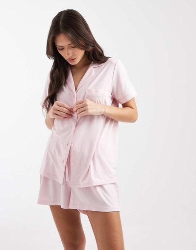 Loungeable Loungeable super soft jersey short sleeve shirt & shorts set in muted pink