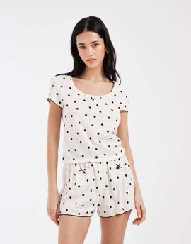 Loungeable Loungeable waffle jersey shorts and T-shirt pajama set in cream polka dot-White