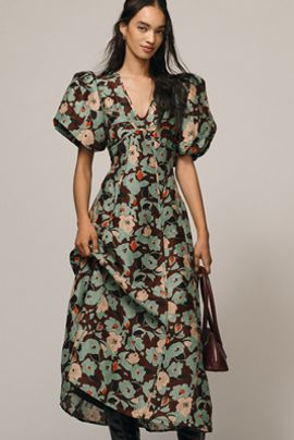 green emerald velvet dress Linen Dress AMELIA Knee Length with Rose main image 0