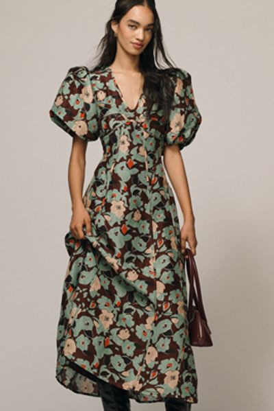 Lovaan - Adeline Linen-Silk Puff-Sleeve Midi Dress