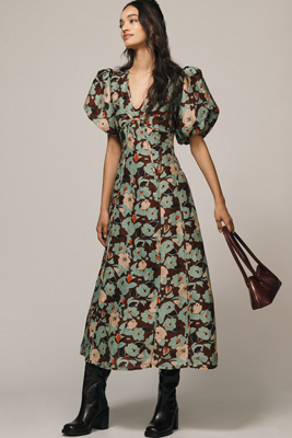 Lovaan - Adeline Linen-Silk Puff-Sleeve Midi Dress