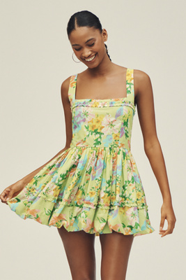 love the label mini dress WOMEN'S MINI DRESS PRINTED COTTON DRESS WOMEN'S YELLOW DRESS WOMEN'S SUMMER DRESS Forsythia Floral Print / M