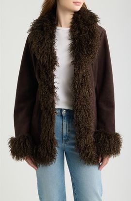 Love Token Love Token Natalia Faux Suede Coat with Faux Fur Trim