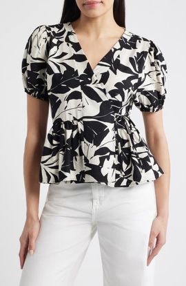 Loveappella Loveappella Abstract Leaf Print Wrap Top