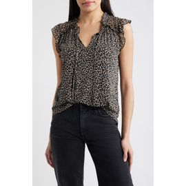 Loveappella Loveappella Animal Print Ruffle Trim Split Neck Top
