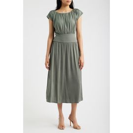 Loveappella Loveappella Cap Sleeve Ruched Knit Midi Dress