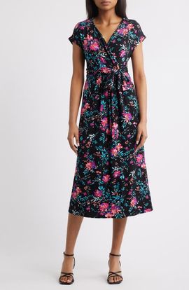 Loveappella Loveappella Floral Print Faux Wrap Midi Dress