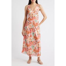 Loveappella Loveappella Floral Ruched Mesh Maxi Dress